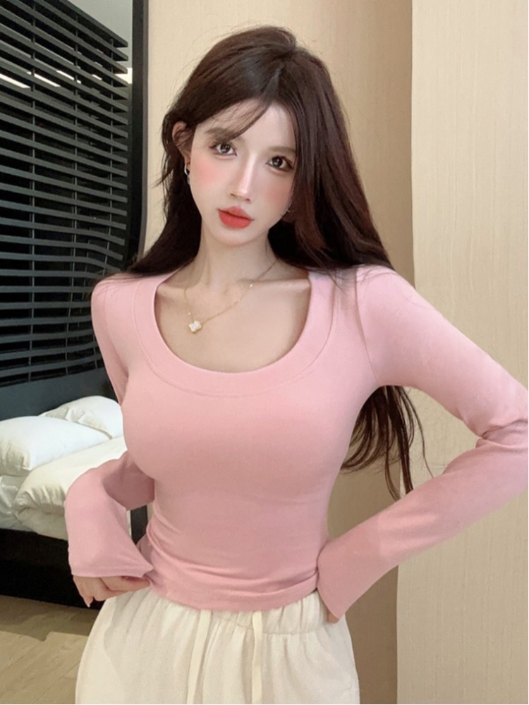 T Shirt Tight Fit - Koreański styl, jednolity kolor, długi rękaw,