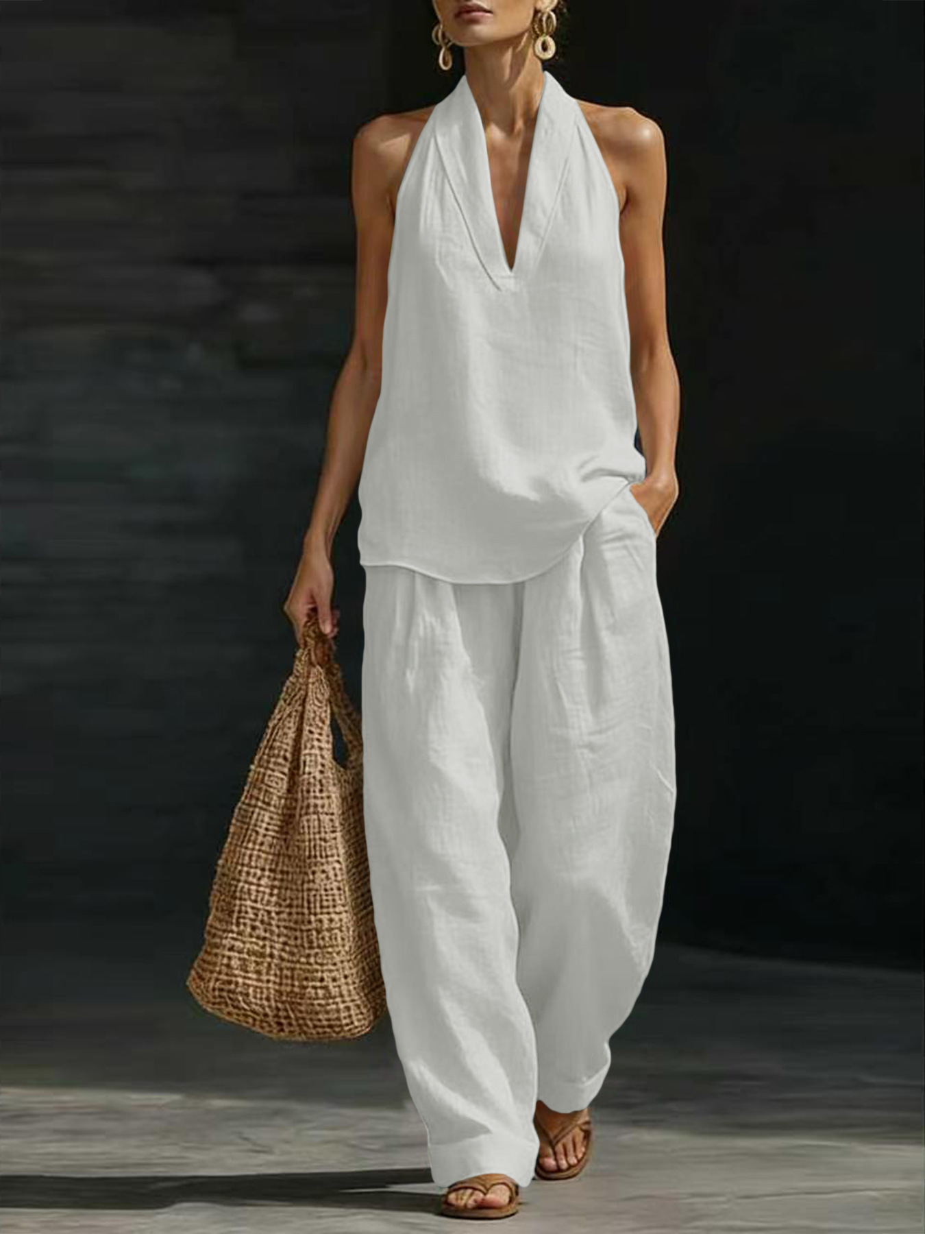 Suspender Tank Top - Damski lniany komplet dwuczęściowy: top na